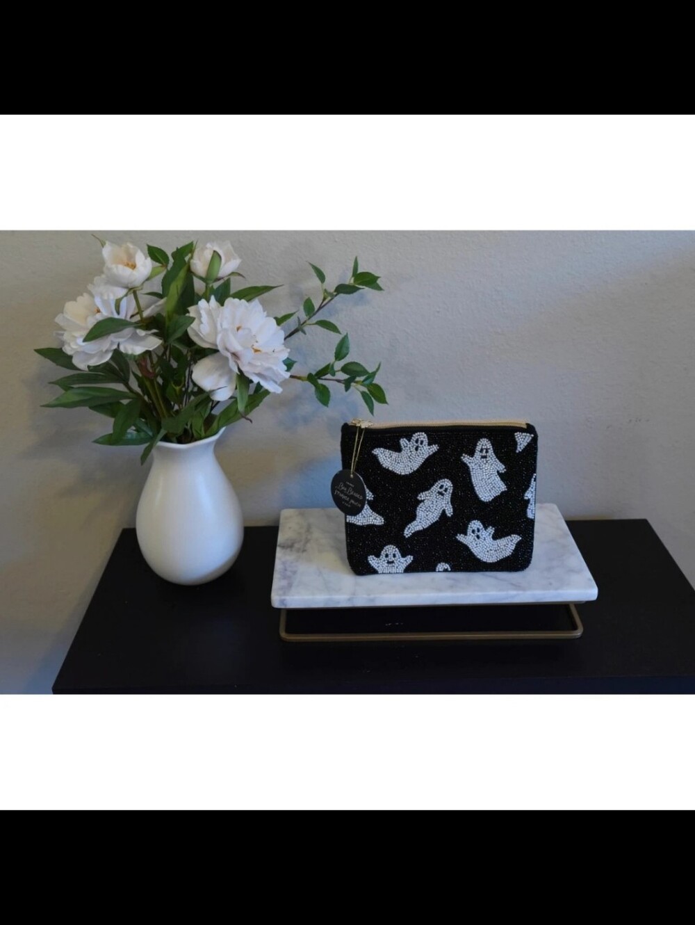 NWT Fringe Studio "Boo" Beaded Ghost Black & White Zipper Pouch Clutch